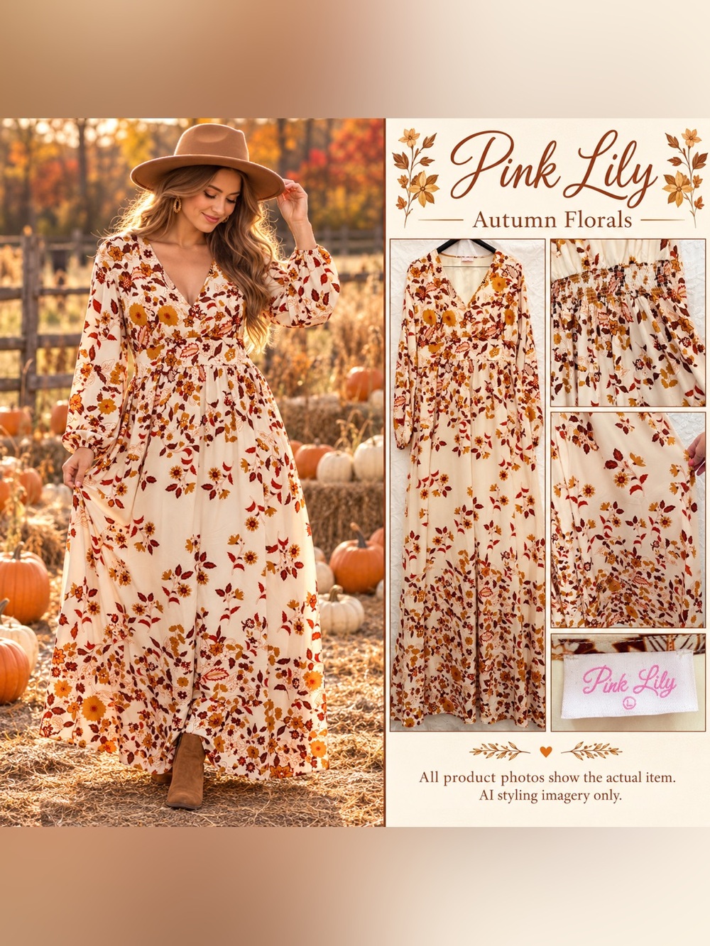 Pink Lily Floral Maxi Dress L NWOT Long Sleeve Boho 70s Style Fall Cottagecore